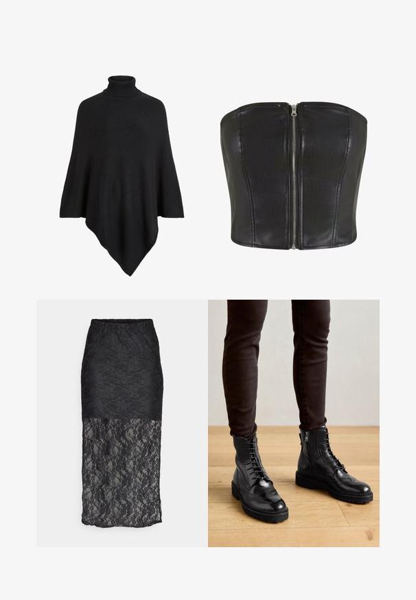 Sort strikket poncho med høj turtleneck, formet i et trekantet design med en blød, tekstureret finish.; Sort læderkorsettop med en struktureret pasform. Indeholder en central sølv lynlås og syninger langs bodicen. Glat tekstur.; Pieces PCNACY LACE ANKLE SKIRT - Pencil skirt - black; Sorte læder ankelstøvler med brogue-detaljer, snørebånd foran, sideskafter og teksturerede gummisåler. Matchet med mørke slim-fit bukser.