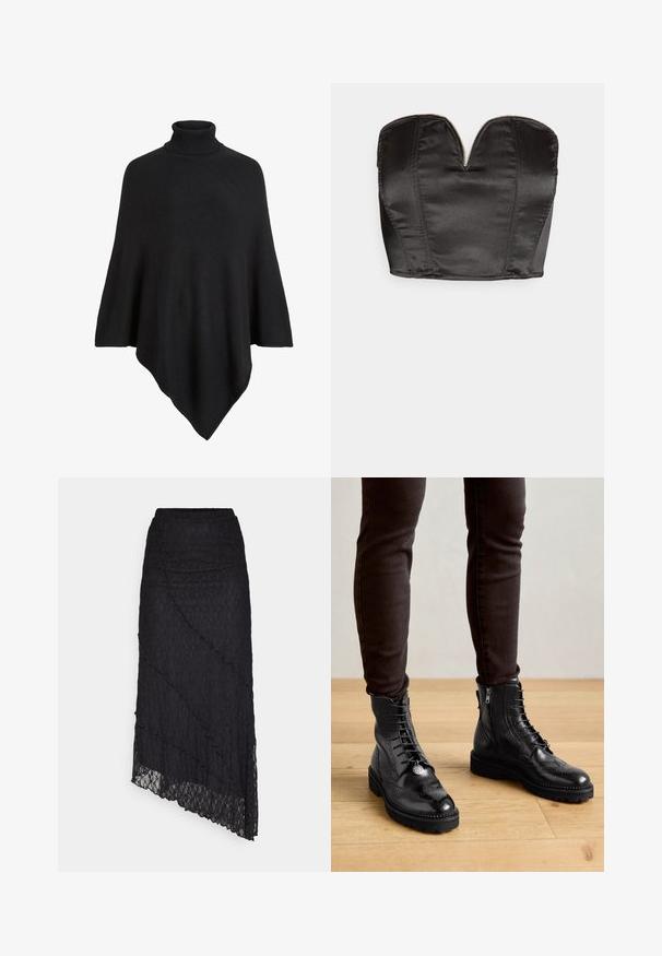 Schwarzer gestrickter Poncho mit hohem Rollkragen, in einem dreieckigen Design mit einer weichen, strukturierten Oberfläche.; Vero Moda VMSALLY CROPPED SIMILI CORSAGE - Top - black; ONLY ONLKIM SLIT - Maxirock - black; Schwarze LederStiefeletten mit Brogue-Details, Schnürung, seitlichen Reißverschlüssen und strukturierten Gummi-Sohlen. Kombiniert mit dunklen Slim-Fit-Hosen.