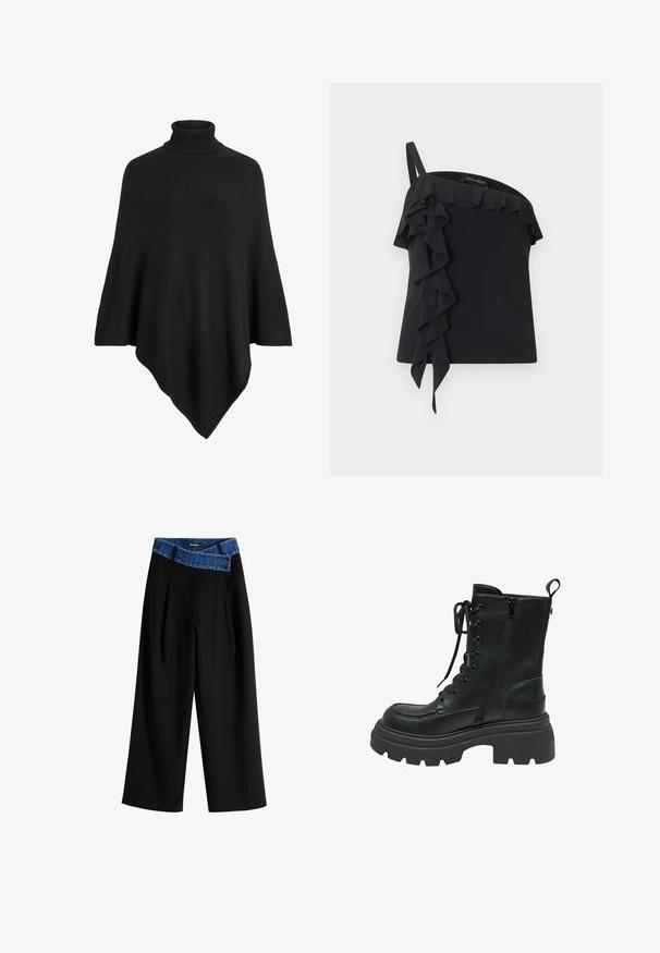 Sort strikket poncho med høj turtleneck, formet i et trekantet design med en blød, tekstureret finish.; Sort top med enkelt skulderstrop og flæsedetaljer, der løber ned foran og langs udskæringen.; Sorte brede bukser med en denimblå talje, der har et kryds-design og to sorte knapper til lukning. Glat stoftekstur.; Sort læder kampstøvle med en kraftig sål, snørebånd foran, lynlås på siden og en trækstrop. Glat tekstur med rund tå design.