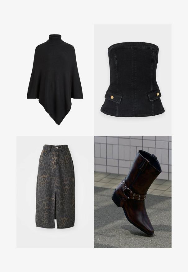 Sort strikket poncho med høj turtleneck, formet i et trekantet design med en blød, tekstureret finish.; Sort denim strapless korsæt med en tætsiddende design, der har guldbeslag og to forlommer. Glat tekstur, struktureret form.; Denim nederdel med et leopardmønster, middellængde, med en slidser foran. Stoffet er tekstureret og kombinerer mørkegrå og brune nuancer.; Mørkebrune læderankelstøvler med sølvnitter og en remdetalje, vist mod en baggrund af fliser på væggen og betongulv.