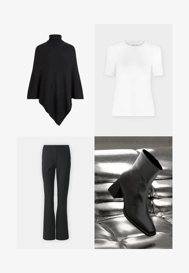 Sort strikket poncho med høj turtleneck, formet i et trekantet design med en blød, tekstureret finish.; Hvid T-shirt med rund hals, korte ærmer, slank pasform og ribbet stofstruktur, vist på en ensfarvet lys grå baggrund.; Sorte flagrende bukser lavet af glat stof; har en flad front uden lommer og en skræddersyet pasform, der smalner ind mod kanten.; Sorte ankelstøvler lavet af glossy materiale med firkantet tå og spidse hæle, sat mod en skinnende sølv tuftet baggrund.