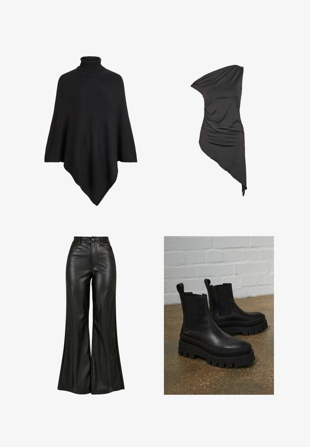 Zwarte gebreide poncho met hoge col, gevormd in een driehoekig ontwerp met een zachte, textuur aan de afwerking.; Zwarte asymmetrische one-shoulder jurk met geplooide stof en een ongelijke zoom, aan één kant langer.; Zwarte leren flared broeken met een gladde textuur, voorzien van een hoge taille, knoopsluiting en voorzakken. Wijde pijpen en een gepolijste afwerking.; Zwarte leren enkellaarzen met elastische zijkanten, dikke zwarte plateauzolen en stiksels, met een instaplus voor eenvoudig aan- en uittrekken.