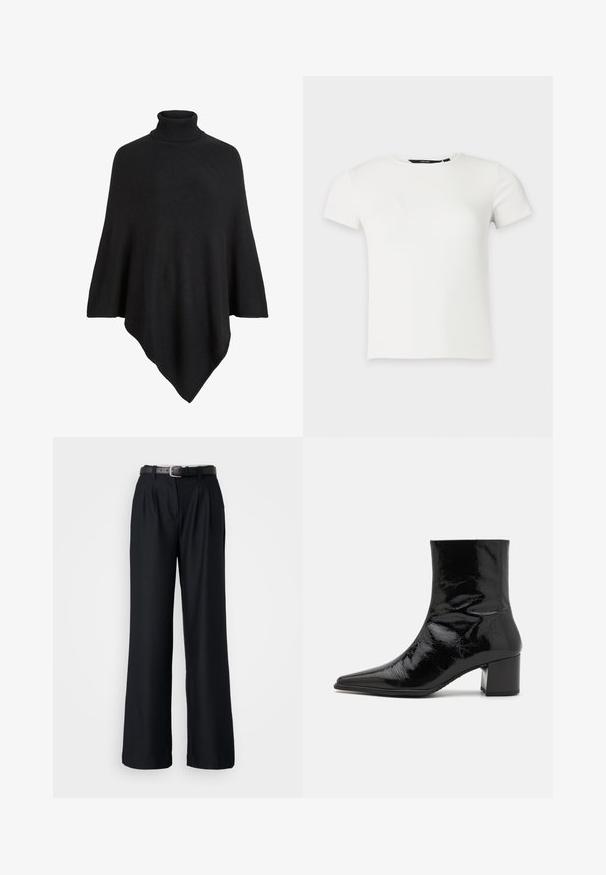 Poncho noir en tricot avec un col haut, conçu en forme triangulaire avec une finition douce et texturée.; T-shirt blanc à manches courtes en maille côtelée avec col rond, présenté sur un fond uni gris clair.; Pantalons larges noirs en tissu lisse, dotés de plis devant et d'une ceinture noire assortie avec une boucle en argent.; Bottine en cuir verni noir avec un bout pointu, un haut structuré et un talon épais. Présente une texture lisse et brillante.