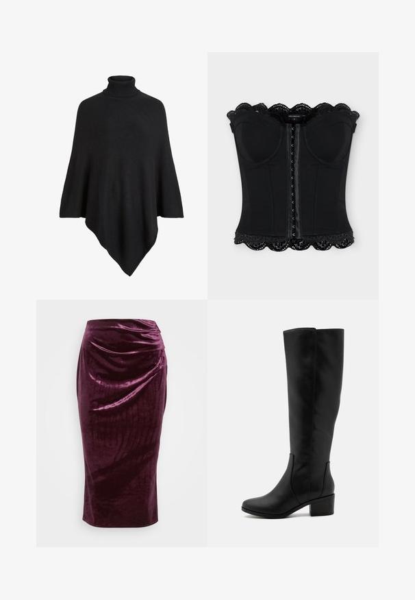 Sort strikket poncho med høj turtleneck, formet i et trekantet design med en blød, tekstureret finish.; Sort stropfri korsette med forreste hægte lukninger, formede skåle og bølget blondekant øverst og nederst.; Burgunderfløjl blyantkjole med et draperet design og glat tekstur; har en høj talje og en snæver silhuet, der ender ved knæet.; Knæhøje sorte læderstøvler med firkantet tå, blokhæl og glat tekstur; har synlige sømme på skaftet.