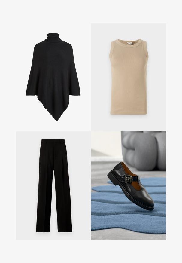 Sort strikket poncho med høj turtleneck, formet i et trekantet design med en blød, tekstureret finish.; Beige ærmeløs top lavet af ribbet stof med rund hals, der har tonale stikninger og en tætsiddende design.; Sort vide bukser lavet af glat stof, med høj talje, pressefolder foran og et rent, skræddersyet design uden udsmykninger.; Sort læder Mary Jane-sko med spænde, svævende over et blåt struktureret tæppe med en sløret skulptur i baggrunden.