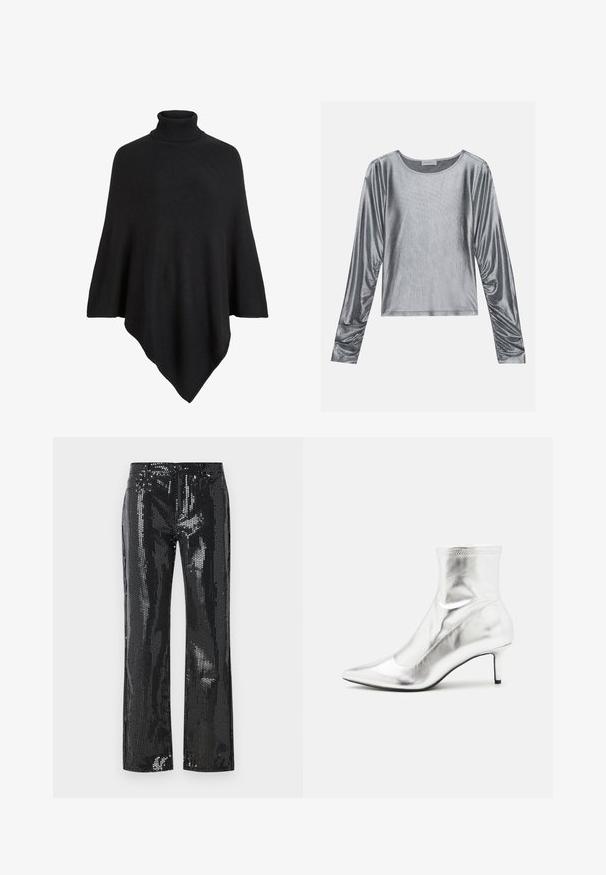 Poncho de punto negro con un alto cuello de tortuga, con un diseño triangular y un acabado suave y texturizado.; Top largo de manga larga plateado con una textura suave y brillante. Presenta un escote redondo y detalles de fruncido en los puños de las mangas.; Pantalones negros con lentejuelas que presentan un diseño ajustado con pernera acampanada. La tela tiene una textura brillante con un patrón de pequeños discos reflectantes.; Bota de tobillo metálica plateada con punta afilada y tacón delgado. Presenta un ajuste ceñido y una textura suave y brillante. Detalles de costura en la parte superior.