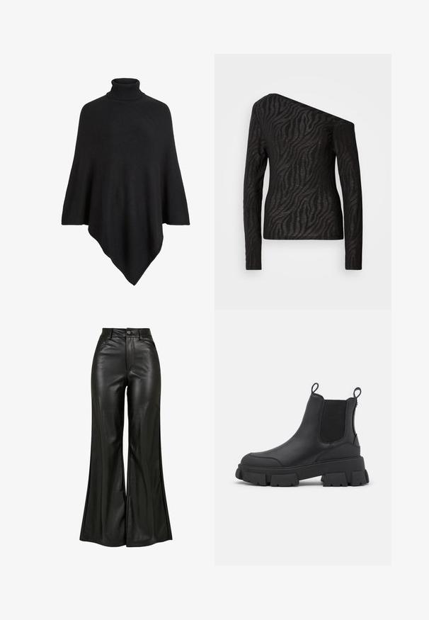 Sort strikket poncho med høj turtleneck, formet i et trekantet design med en blød, tekstureret finish.; Sort langærmet top med asymmetrisk halsudskæring, der har et zebra-stribemønster og en gennemsigtig tekstur.; Sorte læderbukser med flared design og en glat tekstur, der har høj talje, knaplukning og forreste lommer. Bred ben design og poleret finish.; Sorte læder Chelsea-støvler med en kraftig gummisål, der har elastiske sidelapper og trækstropper for nem påklædning. Glat overflade, strukturerede detaljer.