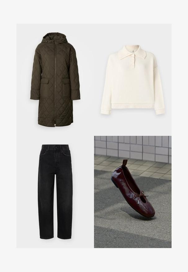 Vatteret, lang anorak i mørke olivengrøn, med hætte, to forlommer og en frontlynlås. Glat, struktureret stof.; Cremefarvet pullover-sweater med ribbet krave og kant, der har en knaplukket henley-krave og løst siddende ærmer.; Sorte jeans med høj talje og lige ben, knaplukning, for- og baglommer samt bæltestropper, vist på en ensfarvet baggrund.; Skinnende mørkerød balletsko med en lille sløjfe på toppen, placeret opret på en tekstureret overflade nær en væg med fliser.
