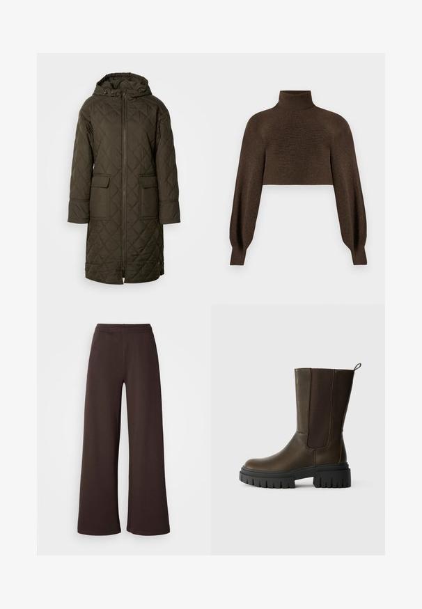 Anorak long matelassé en vert olive foncé, avec une capuche, deux poches avant et une fermeture éclair sur le devant. Tissu lisse et texturé.; Pull en maille à col roulé marron, avec une texture côtelée et des manches volumineuses, fabriqué dans un matériau doux et chaud.; Pantalons larges en marron foncé, fabriqués en tissu doux avec une taille élastique et un ourlet propre, idéaux pour le confort et le style décontracté.; Bottine en cuir brun avec des panneaux élastiques sur les côtés, semelle en caoutchouc noir épaisse et une boucle pour un enfilage facile. Texture lisse et design moderne.