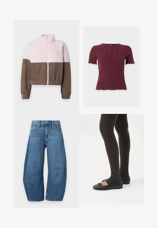 Veste en polaire bicolore avec moitié supérieure rose clair, moitié inférieure marron, manches longues, col montant et fermeture éclair avant.; Haut en maille bordeaux à manches courtes avec bords festonnés aux manches et à l'ourlet, présentant un col rond et une texture verticale subtile.; Jean bleu à jambes larges avec taille haute, poches avant et arrière, et détails prononcés des coutures aux genoux.; Jambes portant des leggings côtelés foncés associés à des ballerines noires avec de petits détails en nœud sur fond blanc.