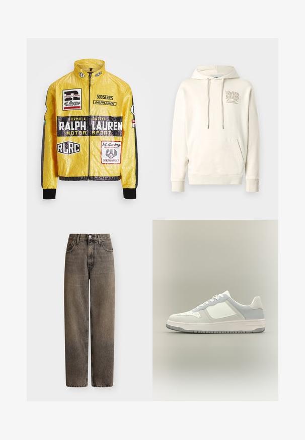Gelbe, strukturierte Rennjacke mit mehreren aufgedruckten Logos und Aufnähern, schwarzen Akzenten an Ärmeln und Bündchen, mit durchgehendem Reißverschluss.; Helle Kapuzenjacke in Cremefarbe mit einer vorderen Kängurutasche, einer Kapuze mit Kordelzug und einem geprägten Logo auf der Brust. Aus Baumwollmaterial. Gerippte Bündchen.; Schwarz verwaschene, hochtaillierte Jeans mit geradem Bein, vorn mit Knopf- und Reißverschluss sowie Fünf-Taschen-Design vor einfarbigem Hintergrund.; Weißer und hellgrauer Sneaker mit niedrigem Schaft, perforierter Spitze, Schnürverschluss und strukturiertem Gummisohlen auf neutralem Hintergrund.