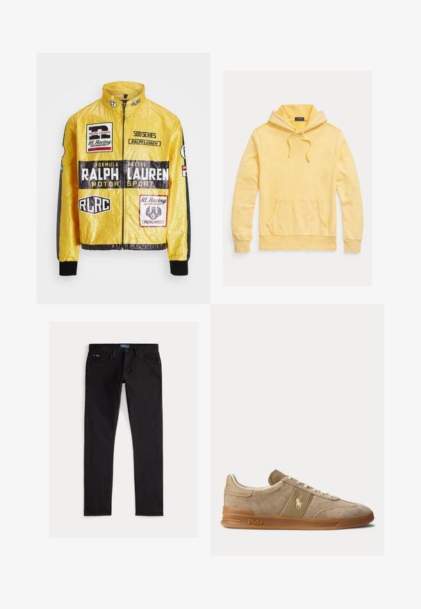 Gelbe, strukturierte Rennjacke mit mehreren aufgedruckten Logos und Aufnähern, schwarzen Akzenten an Ärmeln und Bündchen, mit durchgehendem Reißverschluss.; Gelber Baumwoll-Hoodie mit Fronttasche, verstellbarer Kordelzug-Kapuze und Logo-Stickerei auf der Brust, mit weichem, strukturiertem Finish.; Schwarze Slim-Fit-Denimjeans mit fünf Taschen, Gürtelschlaufen und einem blauen Markentag am Bund. Glatter, strapazierfähiger Stoff.; Beiger Wildleder- und Leder-Low-Top-Sneaker mit Gummisohle, weißen Schnürsenkeln und Polo-Logo an der Seite und an der Sohle.