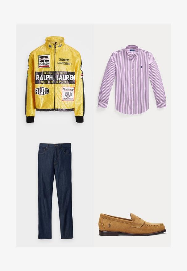 Gelbe, strukturierte Rennjacke mit mehreren aufgedruckten Logos und Aufnähern, schwarzen Akzenten an Ärmeln und Bündchen, mit durchgehendem Reißverschluss.; Langärmliges Hemd mit Knopfleiste, lila und weißen vertikalen Streifen und einem kleinen gestickten Logo auf der Brust.; Dunkelblaue Denim-Jeans mit geradem Bein, vorderen Taschen, Gürtelschlaufen und Knopfverschluss auf einem hellgrauen Hintergrund.; Hellbrauner Veloursleder-Slipper mit genähten Details und kleinem besticktem Pferde-Logo an der Seite, mit niedrigem Holzabsatz und Schlupf-Design.