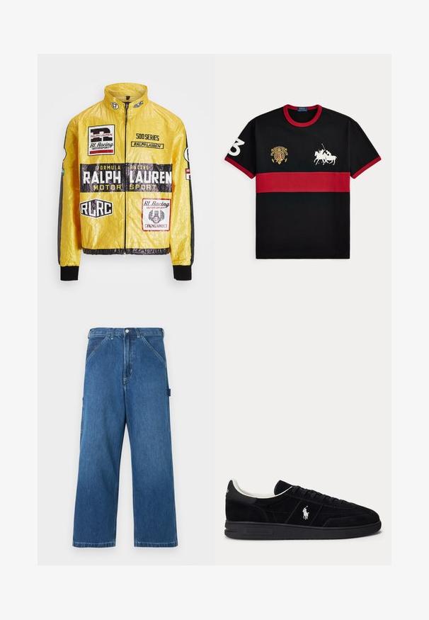 Gelbe, strukturierte Rennjacke mit mehreren aufgedruckten Logos und Aufnähern, schwarzen Akzenten an Ärmeln und Bündchen, mit durchgehendem Reißverschluss.; Schwarzes kurzärmeliges Polo-Shirt mit rotem Kragen und Ärmelkanten, rotem horizontalem Streifen, weißem Polo-Spieler-Logo, Nummer 3 auf dem Ärmel und goldenem Emblem auf der Brust.; Blaue Jeansweite-Hosen mit Knopf- und Reißverschluss vorne, schrägen Vorderentaschen und einem seitlichen Schlaufen-Detail.; Schwarzer Sneaker mit niedrigem Schnitt, schwarzen Schnürsenkeln, weißem Innenfutter und weißem Polo Ralph Lauren-Logo an der Seite und an der Ferse.