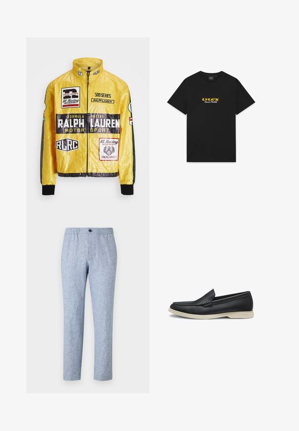 Gul, tekstureret racerjakke med flere trykte logoer og mærker, i kombination med sorte detaljer på ærmerne og manchetterne, fuld lynlås lukning.; Sort t-shirt med korte ærmer med "LYLE'S" i fed gul skrift og "Corner Market" i hvid håndskrift centreret på brystet.; Lysblå, linnedblend bukser med elastisk talje og en enkelt knaplukning. Lige ben-design, tekstureret stof, ingen mønstre.; Sort læder slip-on loafer med rund tå og lys beige gummisål, vist fra siden på en hvid baggrund.