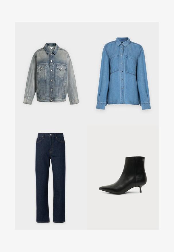 Φθαρμένο μπλε denim μπουφάν με κλείσιμο με κουμπιά, δύο πλαϊνές τσέπες στο στήθος με κουμπιά, πλαϊνές τσέπες και μακριά μανίκια.; Μπλε denim πουκάμισο με κουμπιά, μακριά μανίκια, δύο τσέπες στο μπροστινό μέρος στο στήθος και κλασικό γιακά, απεικονίζεται με φόντο λευκό.; Σκούρο μπλε τζιν με ίσια γραμμή, πέντε τσέπες, μεταλλικό κουμπί και ραφές αντίθεσης, εμφανίζεται σε ανοιχτό γκρι φόντο.; Μαύρο δερμάτινο μποτάκι γύρω από τον αστράγαλο με μυτερή μύτη και χαμηλό τακούνι σε ανοιχτό φόντο, εμφανίζει την εξωτερική πλευρά.