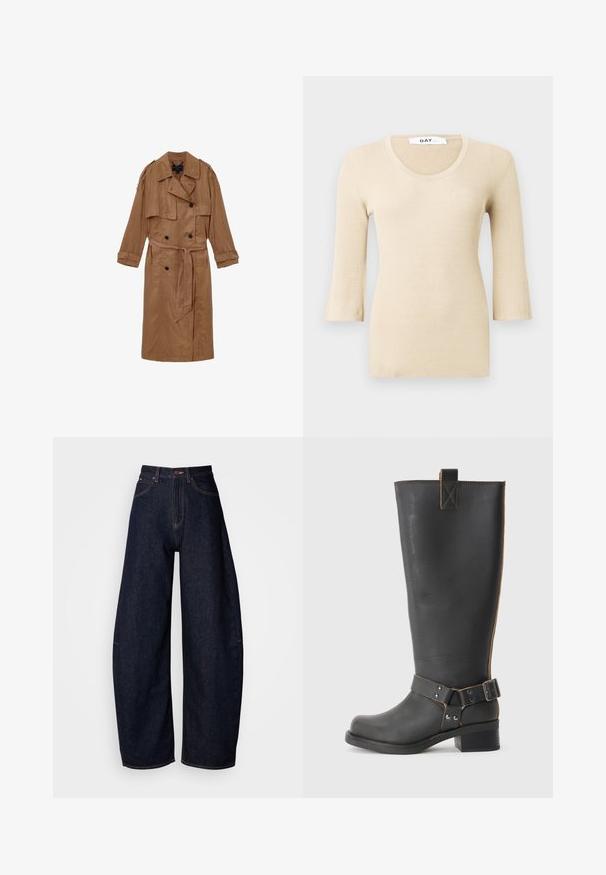 Brun, linned trench coat med dobbeltbrystet design, skulderepauleter og et matchende bælte, udstyret med to forlommer og optrullede manchetter.; Beige ribbet langærmet bluse med en rund halsudskæring. Teksturen er glat og tætsiddende. Udsvingede manchetter tilføjer en subtil designdetalje.; Mørkeblå brede jeans i denim, med høj talje, lige pasform, fem lomme-design og kontrastsyninger.; Sorte læderknæhøje støvler med en tekstureret overflade, der har en sidebuckle-detalje og en lav hæl. Særligt detaljeret syninger langs sømmene.