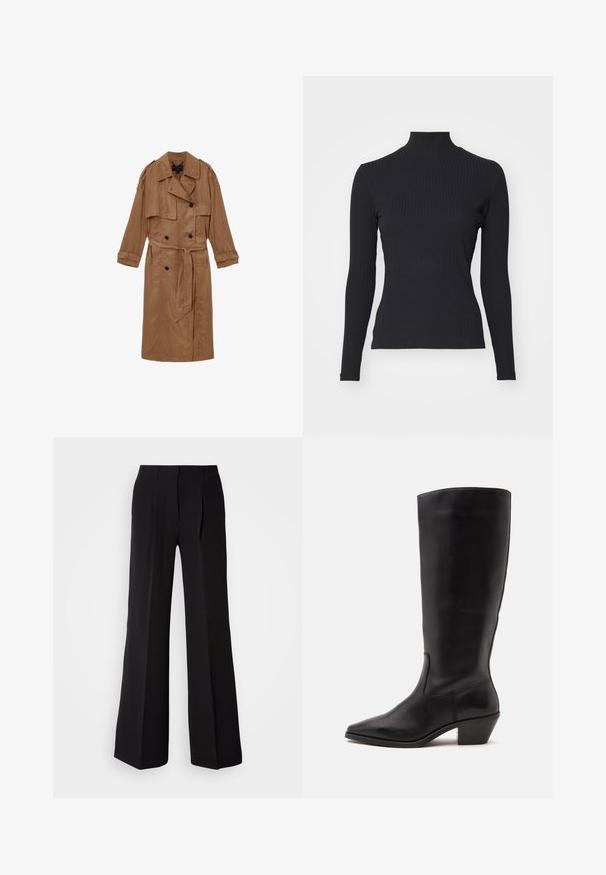 Brun, linned trench coat med dobbeltbrystet design, skulderepauleter og et matchende bælte, udstyret med to forlommer og optrullede manchetter.; Sort ribbet turtle-sweater med lange ærmer. Lavet af strækbart stof med en tætsiddende pasform og høj krave. Enkel design uden udsmykninger.; Sorte bukser lavet af glat stof, med høj talje, bred ben silhuet og to frontfolder for ekstra design detaljer.; Sort læderstøvle til midtkalv med spids tå og lavt skråt hæl på en enkel lys baggrund.