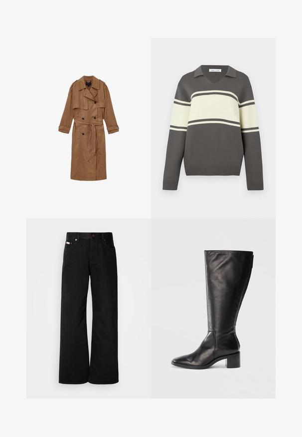 Brun, linned trench coat med dobbeltbrystet design, skulderepauleter og et matchende bælte, udstyret med to forlommer og optrullede manchetter.; Langærmet grå sweatshirt med brede cremefarvede og smalle mørke grå horisontale striber samt en V-hals.; Sorte breddebenede jeans lavet af bomuld. Har forlommer, en knaplukning og en klassisk denimtekstur. Minimalistisk design uden mønstre.; Sorte læderknæhøje støvler med firkantet tå, blokhæle og et stilrent design. Glat tekstur med en sideskift for nem påtagning.