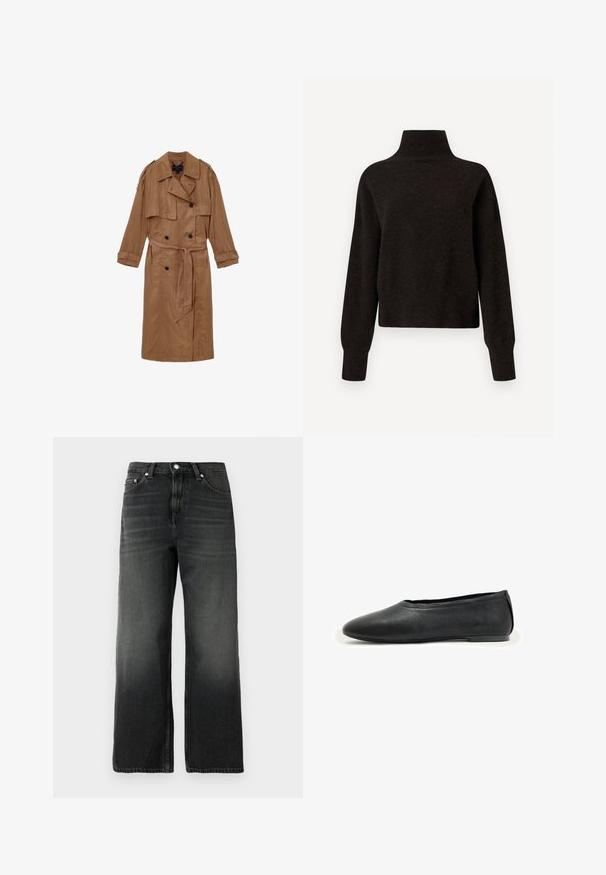 Brun, linned trench coat med dobbeltbrystet design, skulderepauleter og et matchende bælte, udstyret med to forlommer og optrullede manchetter.; Sort højhalset sweater med lange ærmer og ribbede manchetter og kant, præsenteret på en hvid baggrund.; Sorte denim jeans med en afslappet pasform, lige ben design, falmet tekstur, fem-lomme stil og sølvknaplukning i taljen.; Sort læderflad sko med rundet tå og lav hæl, designet til afslappet eller formelt brug.