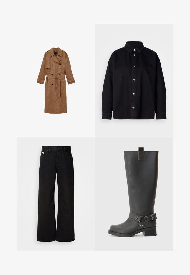 Brun, linned trench coat med dobbeltbrystet design, skulderepauleter og et matchende bælte, udstyret med to forlommer og optrullede manchetter.; Sort denimskjorte med knaplukning foran, klassisk krave, lange ærmer og sølvfarvede metalknapper. Standard fit med en glat tekstur.; Sorte breddebenede jeans lavet af bomuld. Har forlommer, en knaplukning og en klassisk denimtekstur. Minimalistisk design uden mønstre.; Sorte læderknæhøje støvler med en tekstureret overflade, der har en sidebuckle-detalje og en lav hæl. Særligt detaljeret syninger langs sømmene.