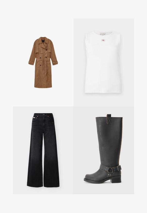 Brun, linned trench coat med dobbeltbrystet design, skulderepauleter og et matchende bælte, udstyret med to forlommer og optrullede manchetter.; Hvid ærmeløs top med ribstruktur og et lille rødt og sort Calvin Klein-logo centreret under halsudskæringen.; Sorte jeans med vide ben, høj talje, forreste knap og lynlås, bæltestropper og femlommedesign.; Sorte læderknæhøje støvler med en tekstureret overflade, der har en sidebuckle-detalje og en lav hæl. Særligt detaljeret syninger langs sømmene.