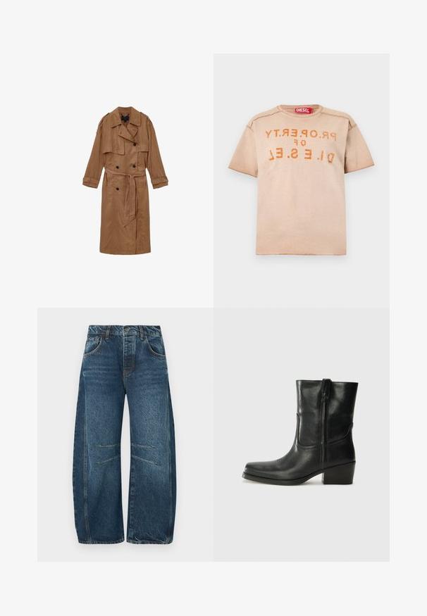 Brun, linned trench coat med dobbeltbrystet design, skulderepauleter og et matchende bælte, udstyret med to forlommer og optrullede manchetter.; Beige t-shirt med korte ærmer og rund hals, med orange slidte bogstaver, der lyder "PROPERTY OF DIESEL", og en rød Diesel-mærkat indeni kraven.; Vidbenede denimjeans i mørkeblå med falmet tekstur, knaplukning og to forlommer med dekorative syninger.; Sort læder ankelstøvle med rundt tå, blokhæl, lynlås i siden og stikninger på vampsiden. Glat tekstur, klassisk design.