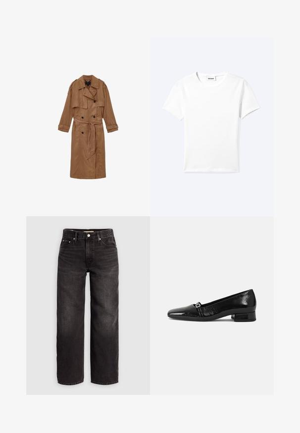 Brun, linned trench coat med dobbeltbrystet design, skulderepauleter og et matchende bælte, udstyret med to forlommer og optrullede manchetter.; Ensfarvet hvid t-shirt med korte ærmer og rund halsudskæring med en lille "WEEKDAY" label indeni halskanten, vist fladt på en lys baggrund.; Levi's® BAGGY DAD - Baggy jeans - shrink up; Sorte patentlæder balletflade med spids tå, lav firkantet hæl og en lille metallisk spænde detalje på remmen. Glat tekstur.