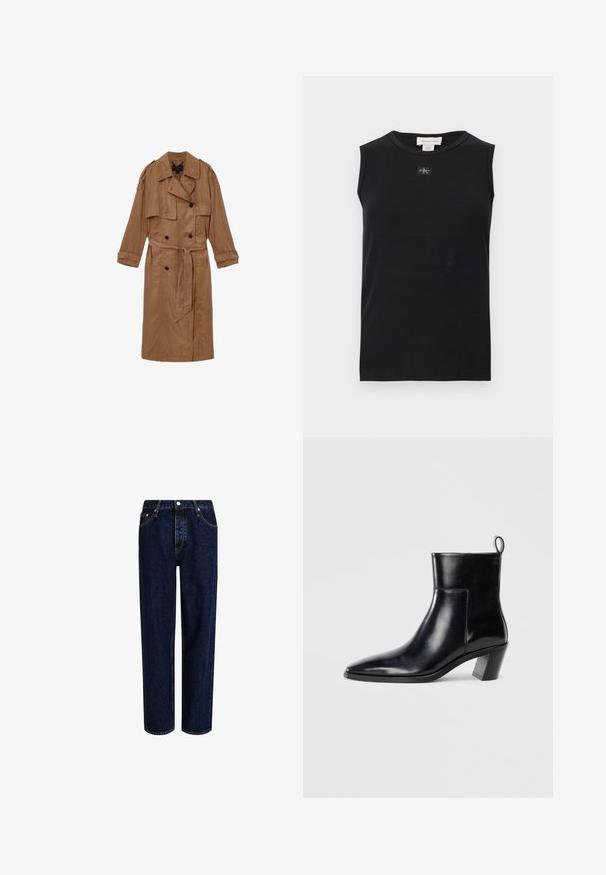 Brun, linned trench coat med dobbeltbrystet design, skulderepauleter og et matchende bælte, udstyret med to forlommer og optrullede manchetter.; Sort ærmeløs ribstrikket tanktop med rund halsudskæring og lille Calvin Klein-logo, der er placeret centralt under kraven.; Mørkeblå denim jeans med lige ben-design, der har høj talje, fem-lomme-stil og kontrastsyninger. Ingen dekorationer.; Sort læder ankelstøvle med spids tå, geometrisk stablet hæl og en løftestrop bagpå. Glat tekstur og slankt design.