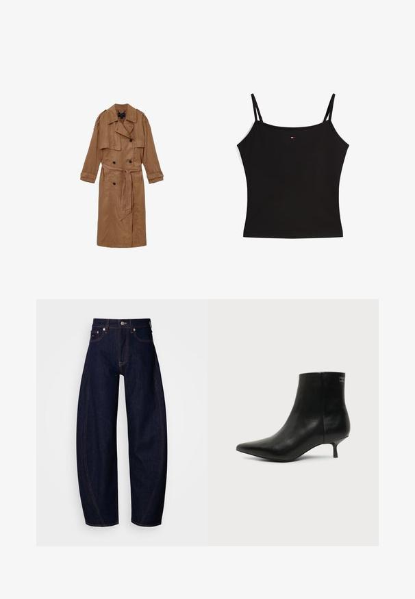 Brun, linned trench coat med dobbeltbrystet design, skulderepauleter og et matchende bælte, udstyret med to forlommer og optrullede manchetter.; Sort spaghetti-strop top med et lille rødt, hvidt og blåt logo centreret nær udskæringen.; Mørkeblå denimjeans med løs pasform, højtaljet, med orange syninger, klassisk femlomme-design og knaplukning.; Sort læder ankelstøvle med spids tå og lav kitten hæl på lys baggrund, der viser yderside.