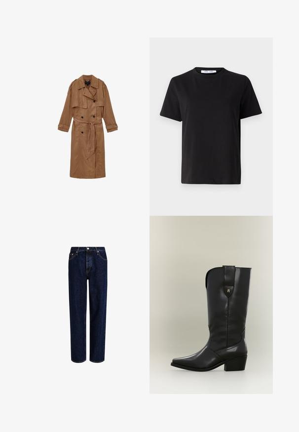 Brun, linned trench coat med dobbeltbrystet design, skulderepauleter og et matchende bælte, udstyret med to forlommer og optrullede manchetter.; Sort t-shirt med korte ærmer fremstillet af blødt bomuld, med rund halsudskæring, afslappet pasform og en glat overflade. Ingen synlige mønstre eller grafik.; Mørkeblå denim jeans med lige ben-design, der har høj talje, fem-lomme-stil og kontrastsyninger. Ingen dekorationer.; Høj sort læder cowboystøvle med spids tå, kraftig hæl og trækstrop med lille gyldent logo.