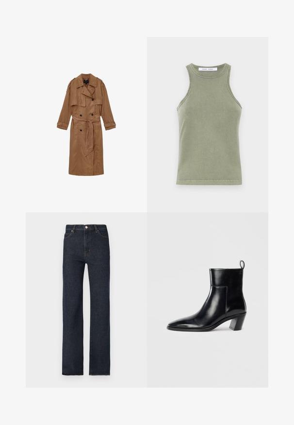 Brun, linned trench coat med dobbeltbrystet design, skulderepauleter og et matchende bælte, udstyret med to forlommer og optrullede manchetter.; Olivengrøn tanktop lavet af blødt bomuld, med rund halsudskæring, ærmeløs design og syede kanter. Enkel, tætsiddende form.; Mørkeblå denimjeans med lige ben, fem-lomme design og klassisk knaplukning. Diskrete syninger langs sømmene.; Sort læder ankelstøvle med spids tå, geometrisk stablet hæl og en løftestrop bagpå. Glat tekstur og slankt design.