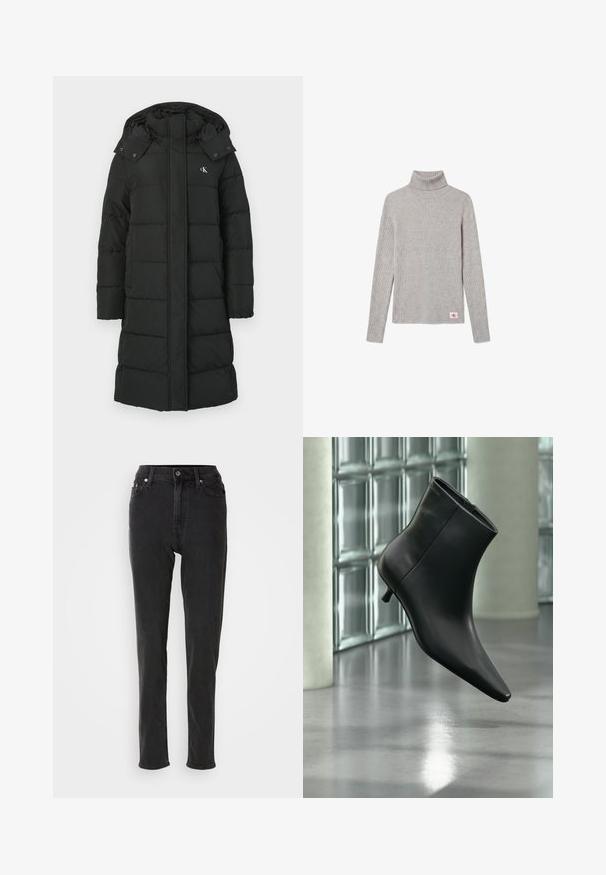 Sort puffers jacket med hætte, featuring en quiltet design, front lynlås lukning, og logo på venstre bryst. Glat, isoleret stof.; Lysegrå ribbet langærmet rullekravesweater med et lille rødt og hvidt CK-logo nær nederste kant.; Sorte højttaljede denimjeans med smal pasform, der har knaplukning, bæltestropper og kontrastsyninger. Glat tekstur uden synlige mønstre.; Sort læderankelstøvle med spids tå og lav kitten-hæ, vist vinklet mod en poleret gulv- og glasblokvæg.