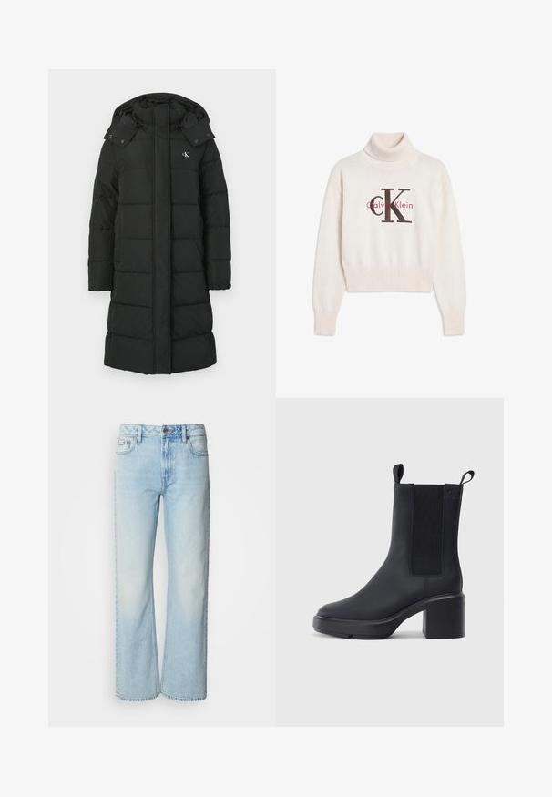 Sort puffers jacket med hætte, featuring en quiltet design, front lynlås lukning, og logo på venstre bryst. Glat, isoleret stof.; Kremfarvet Calvin Klein rullekravesweater med ribstrikkede manchetter og kant, med stort sort og rødt CK-logo foran.; Lyseblå brede jeans lavet af denim med et klassisk fem-lomme design og en subtil falmet tekstur. Denim-syninger er synlige.; Sorte ankelstøvler i glat gummimateriale, med elastiske sidepaneler, blokhæle og trækskilt øverst for nem påtagning.
