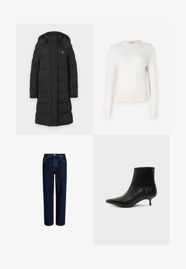Sort puffers jacket med hætte, featuring en quiltet design, front lynlås lukning, og logo på venstre bryst. Glat, isoleret stof.; Lys cremet ribbet striktrøje med lange ærmer og rund halsudskæring. Blød tekstur og tætsiddende design med kontrasterende manchetter og kant.; Mørkeblå denim jeans med lige ben-design, der har høj talje, fem-lomme-stil og kontrastsyninger. Ingen dekorationer.; Sort læder ankelstøvle med spids tå og lav kitten hæl på lys baggrund, der viser yderside.