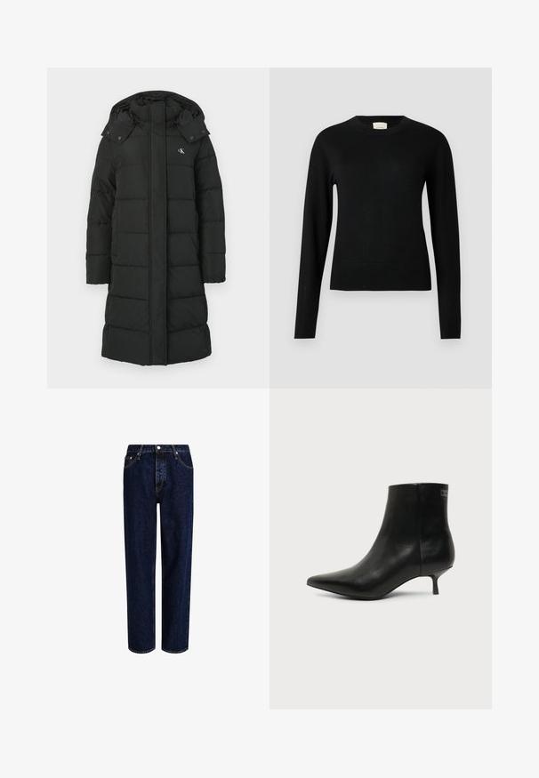 Schwarze Daunenjacke mit Kapuze, die ein gestepptes Design, einen Frontreißverschluss und ein Logo auf der linken Brust aufweist. Glattes, isoliertes Material.; Schwarzer Strickpullover mit Rundhalsausschnitt, langen Ärmeln und einer schlanken Passform. Er verfügt über eine glatte Textur und minimale Details.; Dunkelblaue Denim-Jeans mit geradem Bein, hoher Taille, fünf Taschen und kontrastierenden Nähten. Ohne Verzierungen.; Schwarzer Leder-Knöchel-Stiefel mit spitzer Spitze und niedrigem Kittenabsatz vor hellem Hintergrund, seitliche Ansicht.