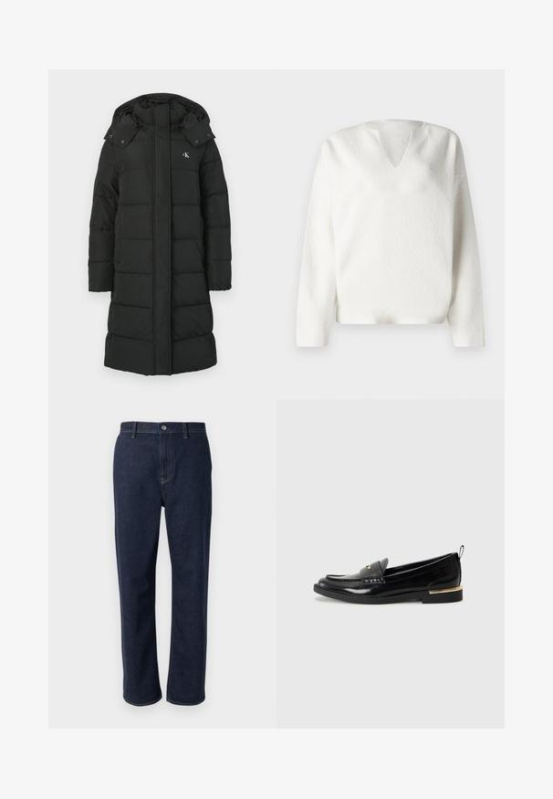Sort puffers jacket med hætte, featuring en quiltet design, front lynlås lukning, og logo på venstre bryst. Glat, isoleret stof.; Hvid, tekstureret pullover med V-udskæring og lange ærmer. Har en kasseformet silhuet og blødt, hyggeligt stof. Enkel og minimalistisk design.; Mørkeblå denim jeans med lige ben, der har en lynlås, forlommer og synlig syning i en kontrastfarve.; Sorte patenterede lædersko med rund tå, en dekorativ rem og et guldaccent på hælen. Glat tekstur med syede detaljer.