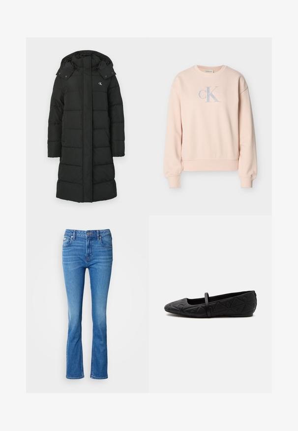 Čierna perová bunda s kapucňou, so zamatovým dizajnom, predným zipsom a logom na ľavej hrudi. Hladká, izolovaná tkanina.; Svetloružová mikina Calvin Klein s dlhými rukávmi, okrúhlym výstrihom, rebrovanými manžetami a predným logom v svetlosivej a bielej farbe.; Modré denimové rozšírené džínsy s stredne vysokým pásom, s klasickým päť-pocket dizajnom a jemne vyblednutou textúrou na kolenách.; Čierna plochá obuv s zaoblenou špičkou, reliéfnym geometrickým vzorom a jedným tenkým remienkom cez hornú časť, zobrazená z bočného profilu.