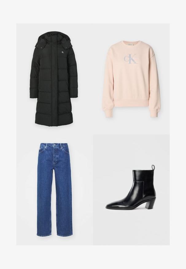 Zwarte pufferjas met een capuchon, voorzien van een gewatteerd ontwerp, rits aan de voorkant en een logo op de linkerborst. Glad, geïsoleerd materiaal.; Lichtroze Calvin Klein sweatshirt met lange mouwen, ronde hals, geribde manchetten en voorop een logo in lichtgrijze en witte letters.; Blauwe denim wijde benen jeans met een hoge taille, voorzien van een rits en knoopsluiting, riemlussen en subtiele vervagingdetails op de stof.; Zwarte leren enkelboot met een spitse neus, een geometrische gestapelde hak en een trekband aan de achterkant. Gladde textuur en slank ontwerp.