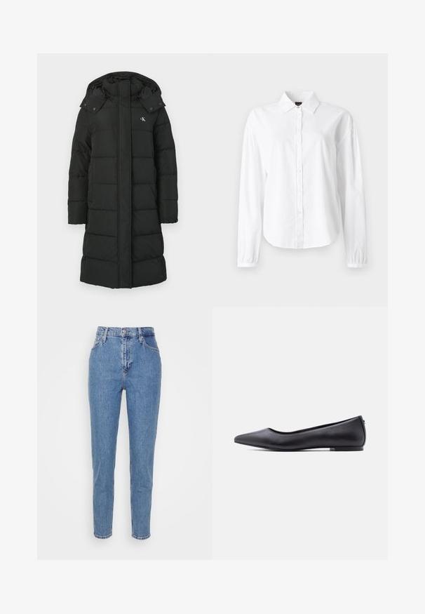 Sort puffers jacket med hætte, featuring en quiltet design, front lynlås lukning, og logo på venstre bryst. Glat, isoleret stof.; Hvid langærmet skjorte med krave, knaplukning foran og snerrede manchetter. Fremstillet af blødt, letvægtsmateriale med en glat tekstur.; Blå højtaljede lige jeans med frontknap og lynlås, bæltestropper og lommer, præsenteret på en ensfarvet hvid baggrund.; Sort flad lædersko med spidst tåparti og lav hæl, vist i sideprofil mod en hvid baggrund.