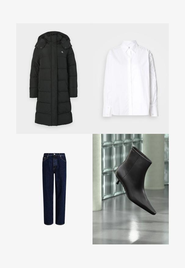 Sort puffers jacket med hætte, featuring en quiltet design, front lynlås lukning, og logo på venstre bryst. Glat, isoleret stof.; Hvid skjorte med klassisk krave, lange ærmer og manchetter. Fremstillet af glat stof, den har en midt foran placket.; Mørkeblå denim jeans med lige ben-design, der har høj talje, fem-lomme-stil og kontrastsyninger. Ingen dekorationer.; Sort læderankelstøvle med spids tå og lille hæl vist mod en væg af glasblokke og poleret gulv baggrund.