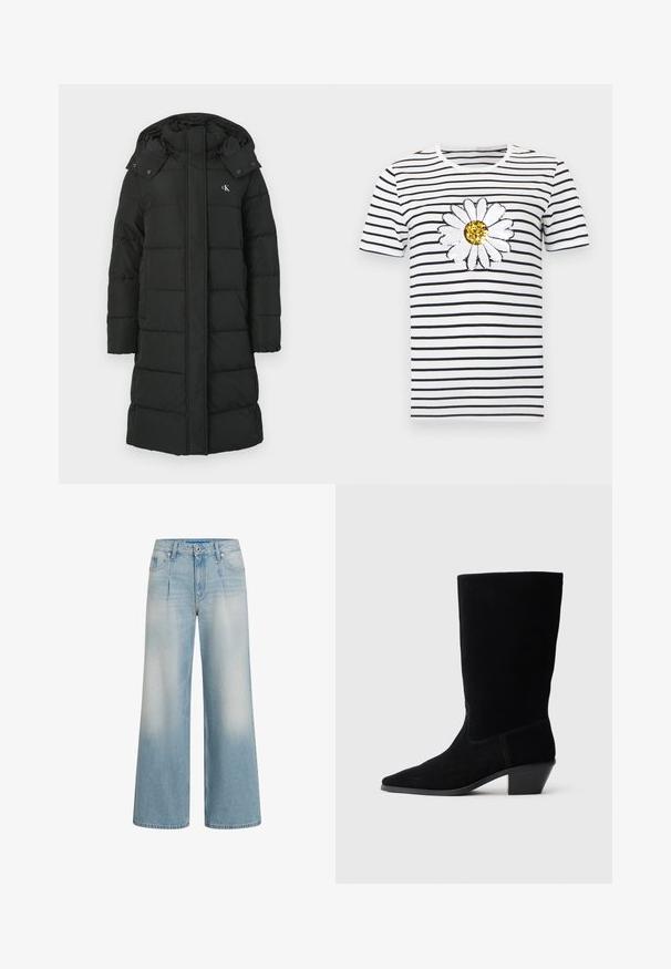 Schwarze Daunenjacke mit Kapuze, die ein gestepptes Design, einen Frontreißverschluss und ein Logo auf der linken Brust aufweist. Glattes, isoliertes Material.; Weißes T-Shirt mit kurzen Ärmeln, schwarzen horizontalen Streifen und einer großen weißen Gänseblümchenblüte mit goldfarbenem Pailletten-Zentrum auf der Brust.; Weite Jeans aus hellblauem Denim mit hoher Taille, Falten an der Vorderseite und einer polierten Oberfläche. Leicht fransige Textur.; Schwarze Wildleder Stiefelette mit spitzer Zehe, mittelhohem Schaft und einem chunky Absatz. Verfügt über minimale Nähte und eine glatte Textur.