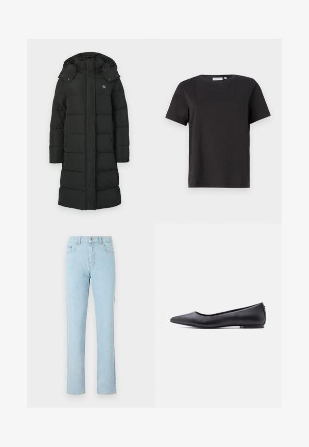 Schwarze Daunenjacke mit Kapuze, die ein gestepptes Design, einen Frontreißverschluss und ein Logo auf der linken Brust aufweist. Glattes, isoliertes Material.; Schwarzes Baumwoll-T-Shirt mit kurzen Ärmeln, Rundhalsausschnitt und einem einfachen, klaren Design. Keine sichtbaren Muster oder Verzierungen.; Hellblaue Jeans mit geradem Bein, Vorder- und Gesäßtaschen, Knopf- und Reißverschluss, auf weißem Hintergrund dargestellt.; Schwarzer flacher Lederschuh mit spitzer Kappe und niedrigem Absatz, seitlich vor weißem Hintergrund gezeigt.