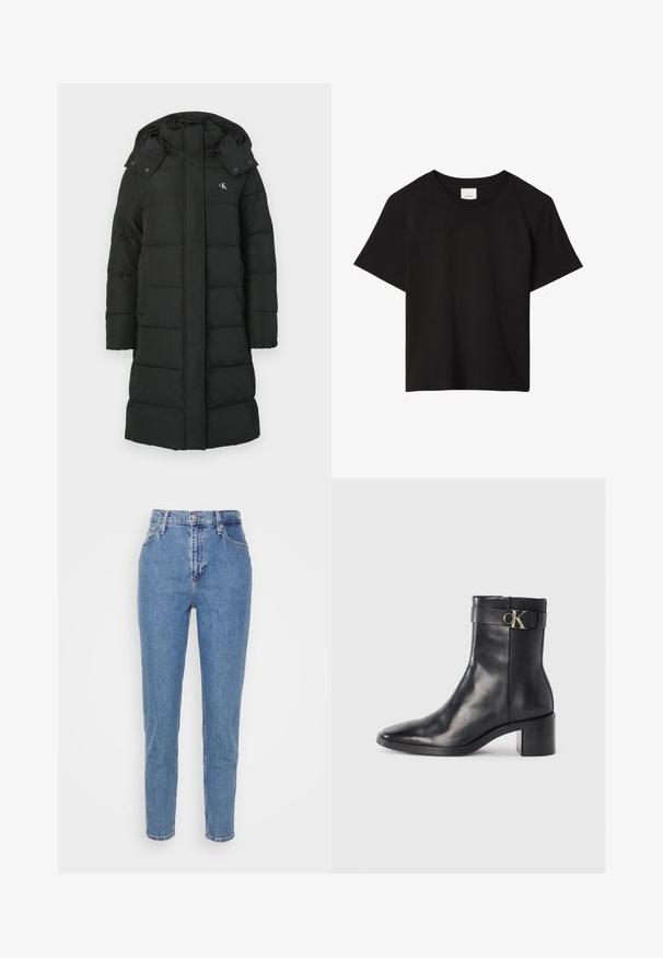 Sort puffers jacket med hætte, featuring en quiltet design, front lynlås lukning, og logo på venstre bryst. Glat, isoleret stof.; Sort kortærmet T-shirt med rund hals og diskret præget Calvin Klein-logo centreret på brystet.; Blå højtaljede lige jeans med frontknap og lynlås, bæltestropper og lommer, præsenteret på en ensfarvet hvid baggrund.; Sort læder ankelstøvle med spids tå, blokhæl og en rem med en metallisk logo detalje. Glat tekstur og minimalistisk design.
