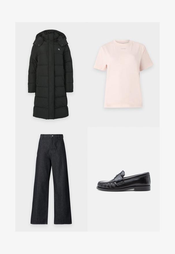 Sort puffers jacket med hætte, featuring en quiltet design, front lynlås lukning, og logo på venstre bryst. Glat, isoleret stof.; Lyserød bomulds t-shirt med rund hals, korte ærmer og et lille "Calvin Klein" logo trykt i en matchende farve på brystet.; Bredde jeans i mørkeblå. Har høj talje, lynlås i front med en knap, og en glat tekstur med minimale syninger.; Sorte læderloafers med rundet tå, karakteristisk syning og en dekorativ rem over vampen. Glat finish og lav hæl.