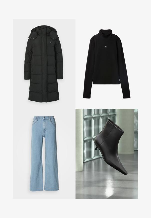 Schwarze Daunenjacke mit Kapuze, die ein gestepptes Design, einen Frontreißverschluss und ein Logo auf der linken Brust aufweist. Glattes, isoliertes Material.; Schwarzes, geripptes Langarm-Top mit Rollkragen und kleinem quadratischem Calvin Klein Logo-Patch zentral auf der Brust.; Hellblaue weite Jeans aus Denim, mit einer enganliegenden Taille, Fünf-Taschen-Design und dezenten Nähdetails.; Schwarzer Leder-Knöchelstiefel mit spitzer Spitze und kleinem Absatz vor einer Wand aus Glasbausteinen und einem polierten Boden.
