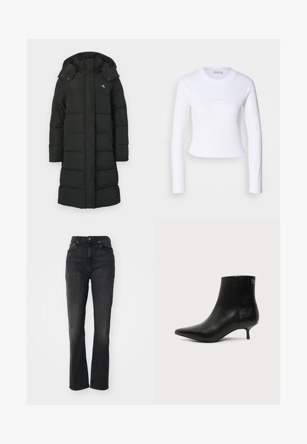 Sort puffers jacket med hætte, featuring en quiltet design, front lynlås lukning, og logo på venstre bryst. Glat, isoleret stof.; Hvid langærmet crop top med et diskret Calvin Klein-logo i midten, præsenteret på en lys grå baggrund.; Højtaljede sorte denim jeans med lige ben, fem-lomme design, frontlukning med knap og minimal syning.; Sort læder ankelstøvle med spids tå og lav kitten hæl på lys baggrund, der viser yderside.