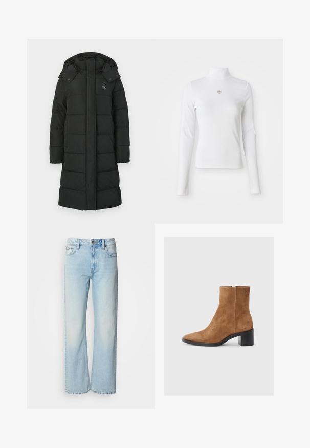 Zwarte pufferjas met een capuchon, voorzien van een gewatteerd ontwerp, rits aan de voorkant en een logo op de linkerborst. Glad, geïsoleerd materiaal.; Witte turtleneck met lange mouwen, gemaakt van ribbelstof. Bevat een klein geborduurd logo in het midden. Aansluitend ontwerp zonder patronen.; Lichtblauwe wijde jeans van denim, voorzien van een klassiek vijf-pocket ontwerp en een subtiele vervaagde textuur. Denimstiksels zijn zichtbaar.; Bruine suède enkellaars met een spitse neus, een middellange blokhak en subtiele, geperforeerde logo-detail. Ritsluiting aan de zijkant.