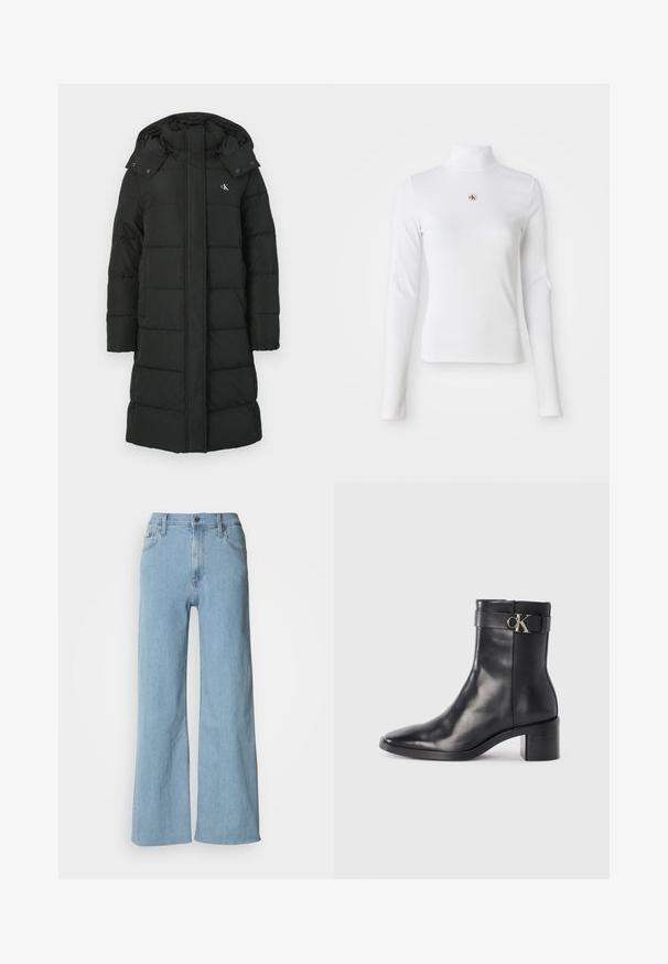 Zwarte pufferjas met een capuchon, voorzien van een gewatteerd ontwerp, rits aan de voorkant en een logo op de linkerborst. Glad, geïsoleerd materiaal.; Witte turtleneck met lange mouwen, gemaakt van ribbelstof. Bevat een klein geborduurd logo in het midden. Aansluitend ontwerp zonder patronen.; Lichtblauwe wijde jeans van denim, met een aansluitende taille, vijf-pocket ontwerp en subtiele stiksels.; Zwarte leren enkellaars met een spitse neus, blokhak en een bandje met een metallic logo. Gladde textuur en minimalistisch ontwerp.
