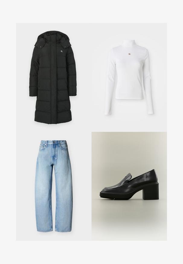 Zwarte pufferjas met een capuchon, voorzien van een gewatteerd ontwerp, rits aan de voorkant en een logo op de linkerborst. Glad, geïsoleerd materiaal.; Witte turtleneck met lange mouwen, gemaakt van ribbelstof. Bevat een klein geborduurd logo in het midden. Aansluitend ontwerp zonder patronen.; Lichtblauwe denim jeans met rechte pijpen, vijf zakken, riemlussen en een knoopsluiting aan de voorkant.; Zwarte leren loafer met dikke plateauzool en blokhak, met gestikte naden en een klein metalen detail op het bovenwerk.